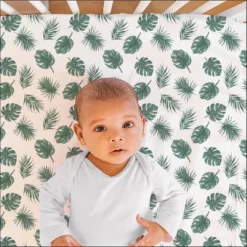 The Peanutshell Fitted Crib Sheets - Green Botanical Leaf And Stripe - 2pk