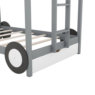 Twin Over Twin Car-Shaped Bunk Bed With Wheels, Drawers And Shelves, Gray - ModernLuxe 11 Twin Over Twin Car-Shaped Bunk Bed With Wheels, Drawers And Shelves, Gray - ModernLuxe - Image 9