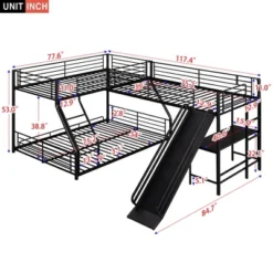 L-Shaped Twin Over Full Bunk Bed With Twin Size Loft Bed,Built-in Desk And Slide, Black - ModernLuxe -Barbie Store GUEST 0da85a32 5d02 4bac 9d61 8b7a604408aa