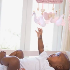 The Peanutshell Grace Musical Mobile, Pink Swan And Gold Hearts