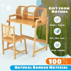 Costway Bamboo Kids Study Desk And Chair Set Height Adjustable Home School W/ Bookshelf -Barbie Store GUEST 12ccf7ec 3bb2 4786 94a1 c136720a8437
