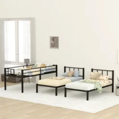 Twin Over Twin Metal Triple Bunk Bed With Ladder, Black-ModernLuxe -Barbie Store GUEST 21cb5205 3911 4481 b89f 761f5de37e4e