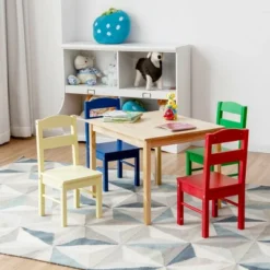 Costway Kids 5 Piece Table Chair Set Pine Wood Multicolor Children Play Room Furniture -Barbie Store GUEST 23d1501d 6da0 4d8f 96cc f8a67abf3e61