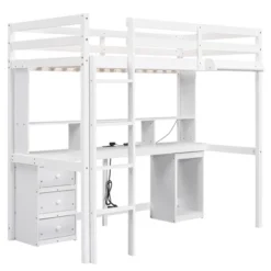 Loft Bed With Multi-Function Storage Table, LED Lights, Bedside Tray And Charging Station, White - ModernLuxe -Barbie Store GUEST 26a33b3f 8e8d 468a 95cf 3a07ca52e13c