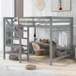 Full Size Loft Bed With Staircase And Safety Guardrails Gray/White-ModernLuxe -Barbie Store GUEST 2b2c9b21 d7de 49f4 bdf6 88500c9e8c62