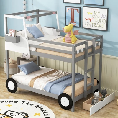 Twin Over Twin Car-Shaped Bunk Bed With Wheels, Drawers And Shelves, Gray - ModernLuxe 4 Twin Over Twin Car-Shaped Bunk Bed With Wheels, Drawers And Shelves, Gray - ModernLuxe - Image 2