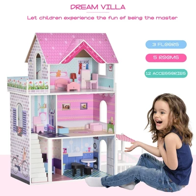 Qaba Kids Wooden Multi-Level Dream House Villa Kit With Furniture And Accessories 4 Qaba Kids Wooden Multi-Level Dream House Villa Kit With Furniture And Accessories - Image 2