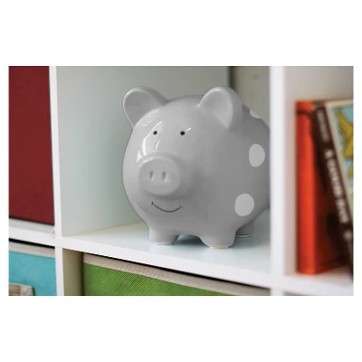Pearhead Ceramic Piggy Bank - Gray With White Polka Dots 4 Pearhead Ceramic Piggy Bank - Gray With White Polka Dots - Image 2