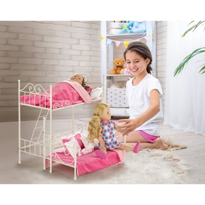 Badger Basket Scrollwork Metal Doll Loft Bed With Daybed And Bedding - White/Pink 3 Badger Basket Scrollwork Metal Doll Loft Bed With Daybed And Bedding - White/Pink