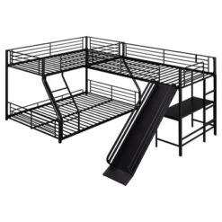 L-Shaped Twin Over Full Bunk Bed With Twin Size Loft Bed,Built-in Desk And Slide, Black - ModernLuxe -Barbie Store GUEST 5d602d18 818e 4461 aee0 82a211608b4d