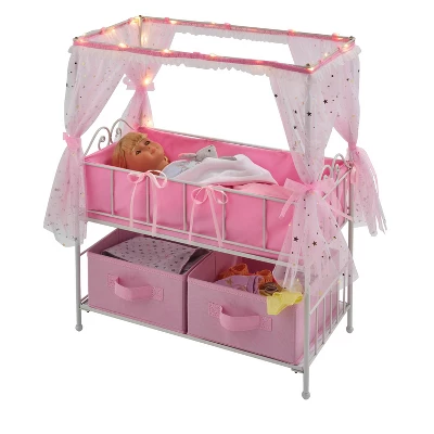 Badger Basket Starlights Metal Doll Crib With Canopy Bedding Storage And LED Lights - Pink/White/Stars 4 Badger Basket Starlights Metal Doll Crib With Canopy Bedding Storage And LED Lights - Pink/White/Stars - Image 2