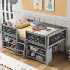 Twin Size Low Loft Bed With Two Removable Shelves, Ladder And Decorative Rail Chalkboard - ModernLuxe -Barbie Store GUEST 6fa88592 bea6 46be bb4f 46d5d03a2f5e
