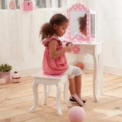 Polka Dot Fashion Prints Vanity Table & Stool Set Pink - Teamson Kids -Barbie Store GUEST 787c2007 41bc 42a5 895d 58be1f7f01ea