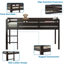 Costway Twin Low Loft Bunk Junior Bed Bedroom Wooden Guard Rail Ladder White/Espresso/Grey -Barbie Store GUEST 7f80d4a0 7414 4e4c 969a 46b3137b440a