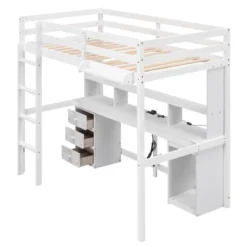 Loft Bed With Multi-Function Storage Table, LED Lights, Bedside Tray And Charging Station, White - ModernLuxe -Barbie Store GUEST 83c6dc15 e7f5 465a 90b5 55e23689c23e
