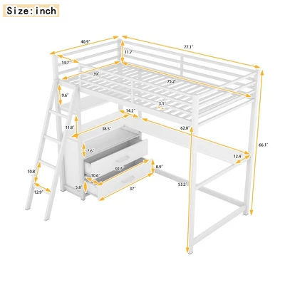 Twin Size Metal Loft Bed With Desk, Shelves And Two Built-in Drawers - ModernLuxe 5 Twin Size Metal Loft Bed With Desk, Shelves And Two Built-in Drawers - ModernLuxe - Image 3