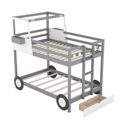 Twin Over Twin Car-Shaped Bunk Bed With Wheels, Drawers And Shelves, Gray - ModernLuxe 7 Twin Over Twin Car-Shaped Bunk Bed With Wheels, Drawers And Shelves, Gray - ModernLuxe - Image 5