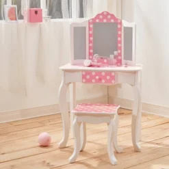 Polka Dot Fashion Prints Vanity Table & Stool Set Pink - Teamson Kids -Barbie Store GUEST afbc47d2 659a 4895 87a5 2a06a408b8d1