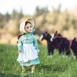 The Queen's Treasures 18 Inch Green Calico Prairie Dress, Apron, And Bonnet -Barbie Store GUEST b227540a bee5 4a7b a12b efc53c06a65e