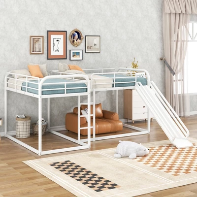 Full And Twin Size L-Shaped Metal Bunk Bed With Slide And Ladder-ModernLuxe 3 Full And Twin Size L-Shaped Metal Bunk Bed With Slide And Ladder-ModernLuxe