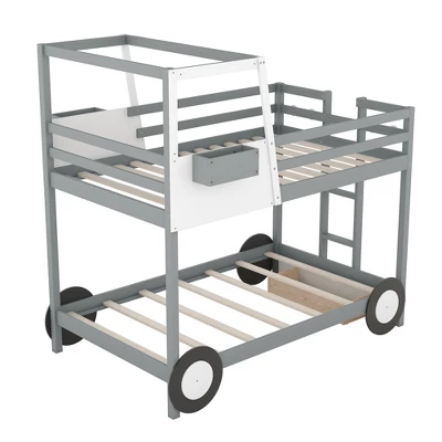 Twin Over Twin Car-Shaped Bunk Bed With Wheels, Drawers And Shelves, Gray - ModernLuxe 8 Twin Over Twin Car-Shaped Bunk Bed With Wheels, Drawers And Shelves, Gray - ModernLuxe - Image 6