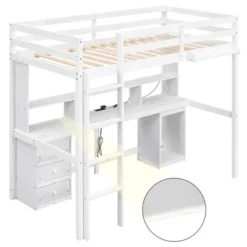 Loft Bed With Multi-Function Storage Table, LED Lights, Bedside Tray And Charging Station, White - ModernLuxe -Barbie Store GUEST c2675a28 6090 4a91 8e6a 122b69e817e7