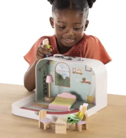 HearthSong 11 Inch Rainbow Cottage Travel Dollhouse Set With 2 Dolls And 5 Piece Furniture Set