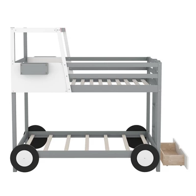 Twin Over Twin Car-Shaped Bunk Bed With Wheels, Drawers And Shelves, Gray - ModernLuxe 6 Twin Over Twin Car-Shaped Bunk Bed With Wheels, Drawers And Shelves, Gray - ModernLuxe - Image 4