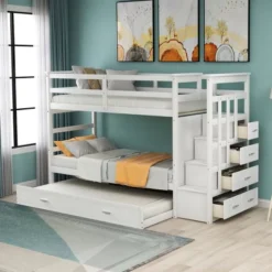 Twin Over Twin Wood Bunk Bed With 4 Drawers, Trundle And Staircase-ModernLuxe -Barbie Store GUEST fc0825a9 92bb 4880 bafb d96017352548